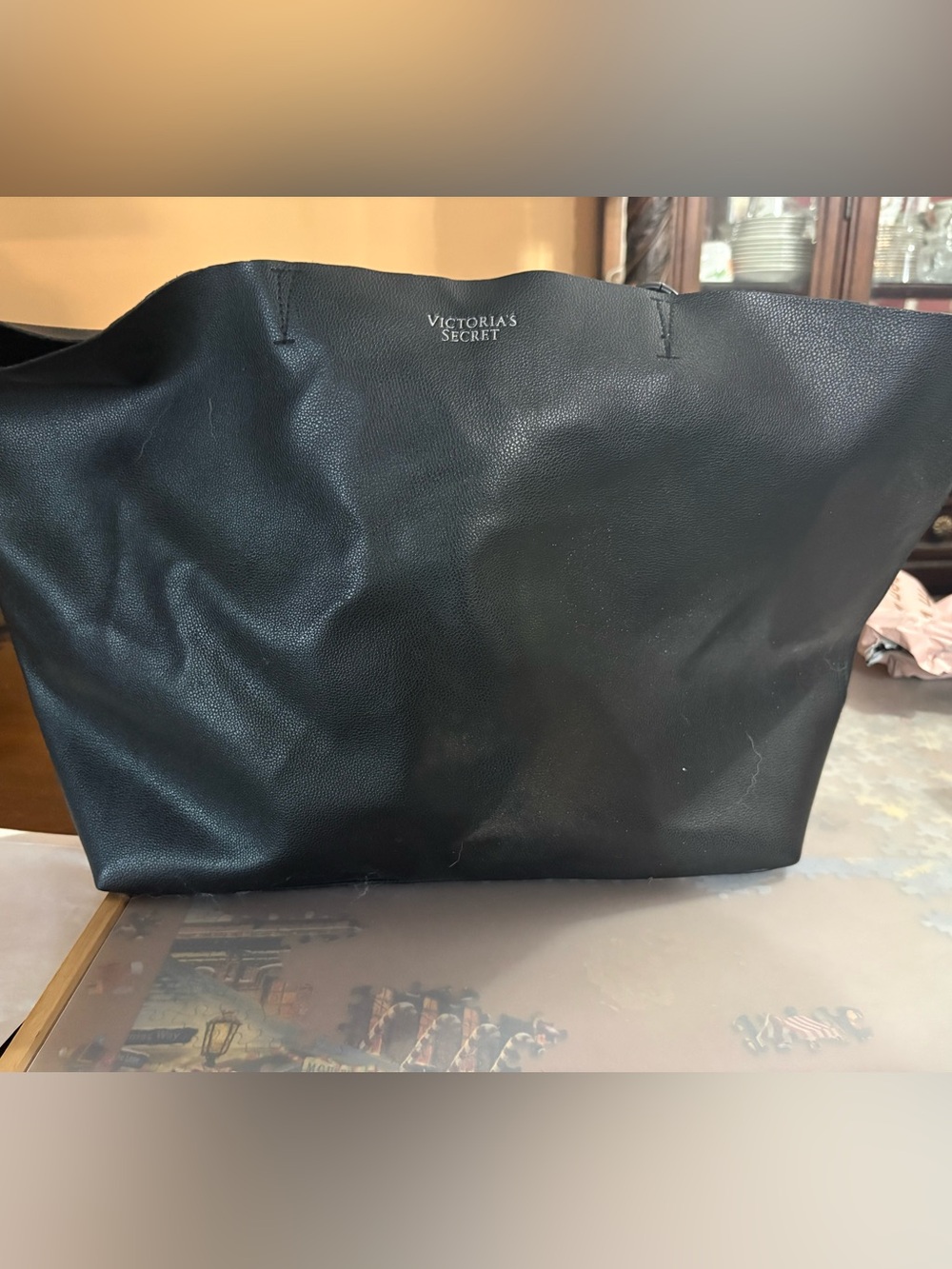 Victoria’s Secret Large Black Faux Leather Tote Bag Oversized Shopper Travel Bag